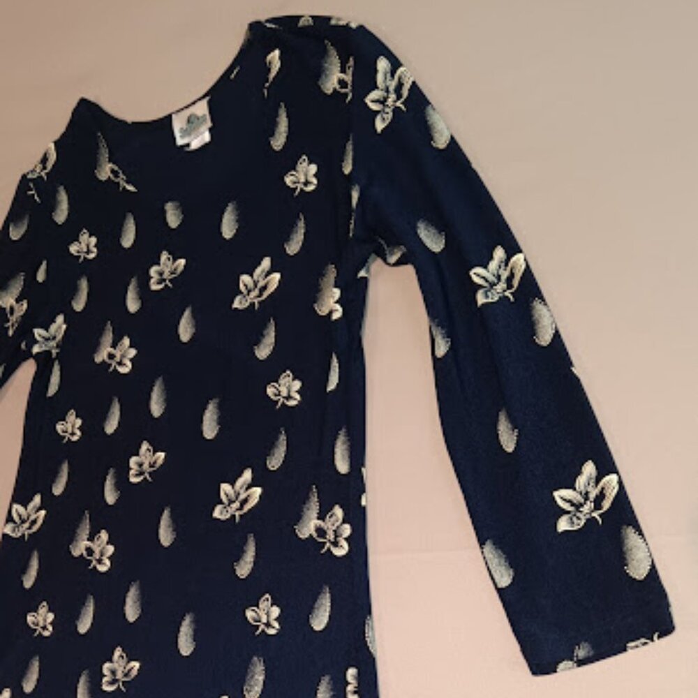Vintage Superline USA Maxi Dress XL Gold Floral Navy Long Sleeve Elegant Beauty - Picture 5 of 13